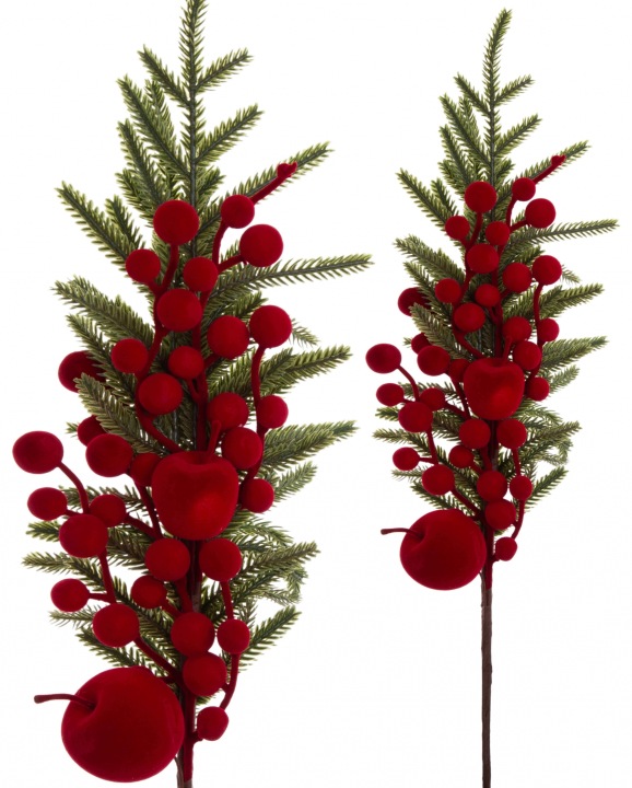 Gałązka Iglasta Stroik Czerwone Jabłka Flokowane 75 Cm